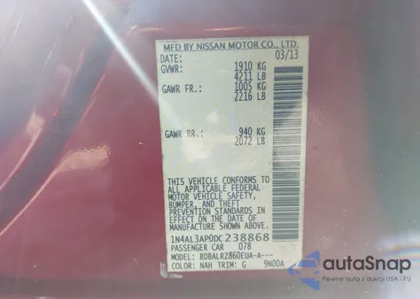 2013 Nissan Altima 2.5 S from USA, damaged, VIN 1N4AL3AP0DC238868